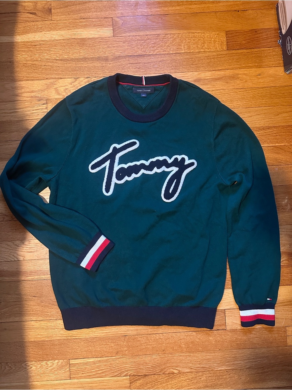 Tommy Hilfiger Script Logo Sweater Mens size L Dark Green Crewneck Pullover